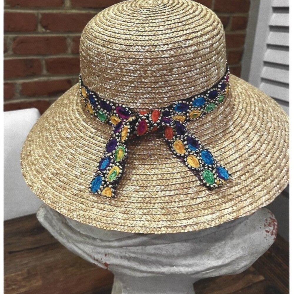 Natural Hand braided straw hat. *Custom* Made in Charleston with Multi-Colored B